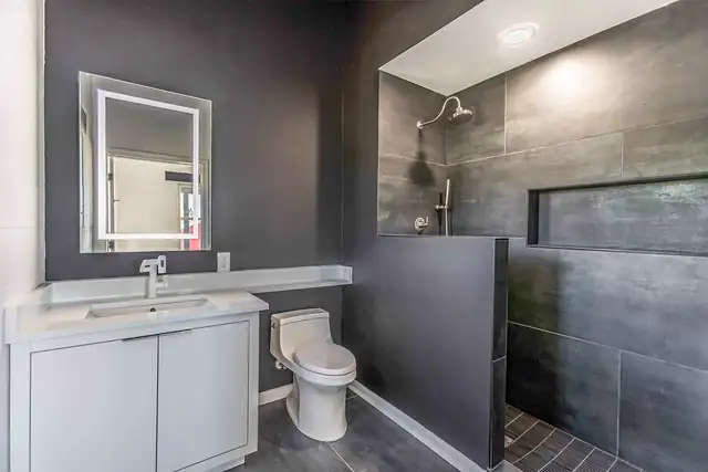 Bathroom remodel with a charcoal plank-tile walk-in shower, half wall, LED mirror and white vanity
